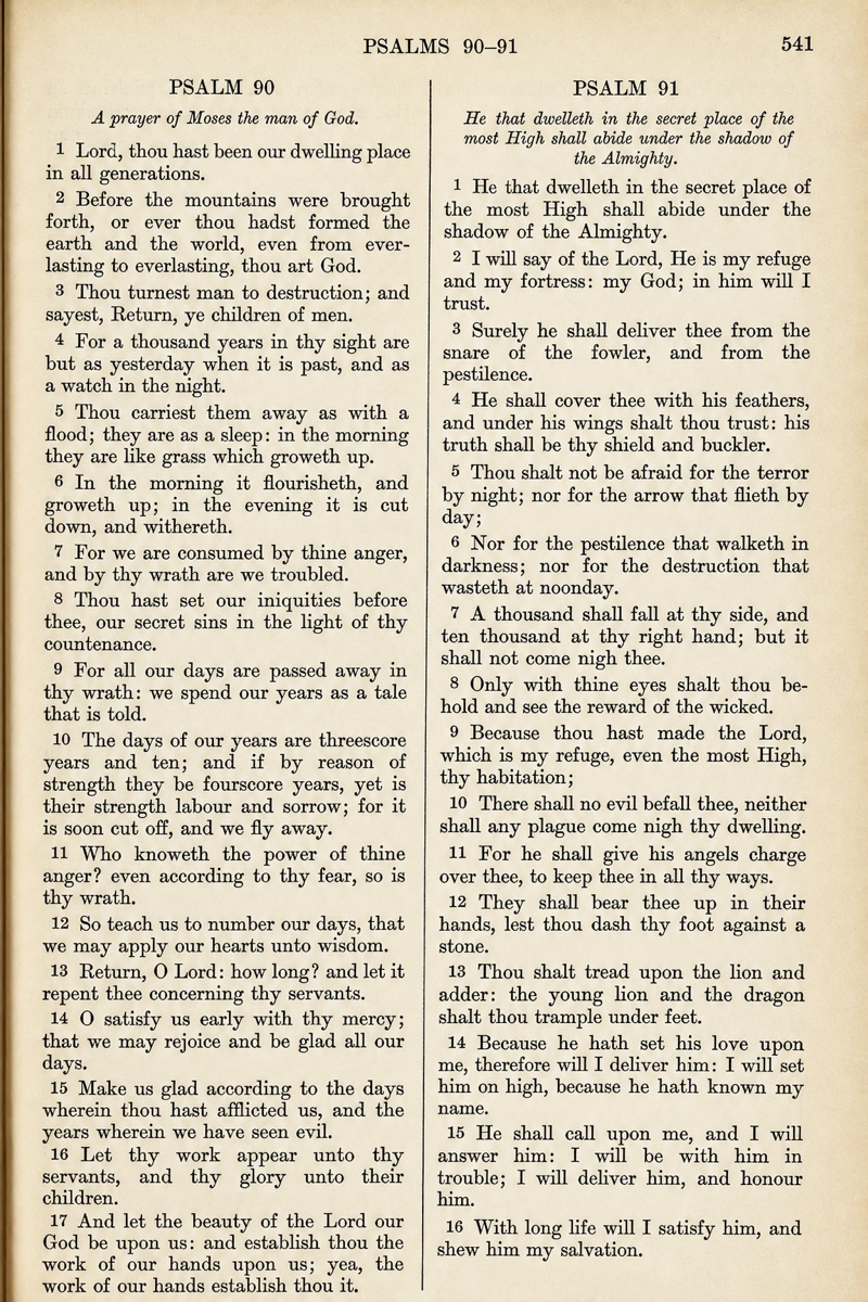 A traditional Bible page of Psalms 90–91, dense raw text